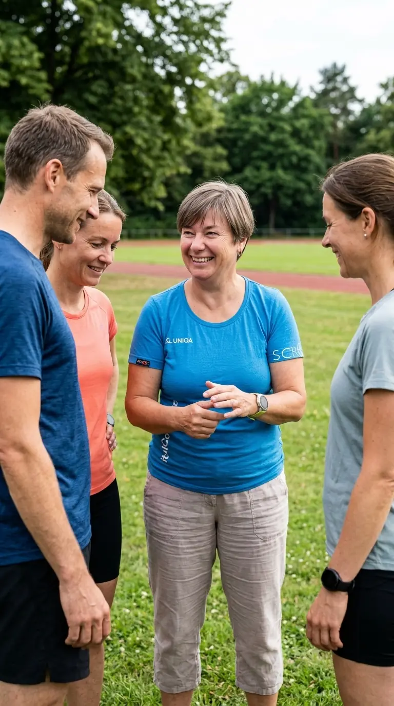 Karin Mattivi im Gespräch mit Coaching-Teilnehmenden auf der Sportanlage