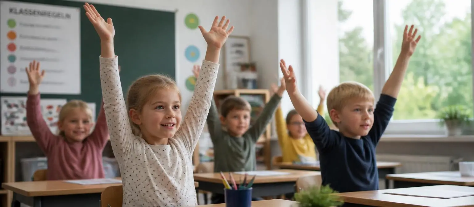Kinder bei einer kurzen Bewegungsübung im Klassenzimmer